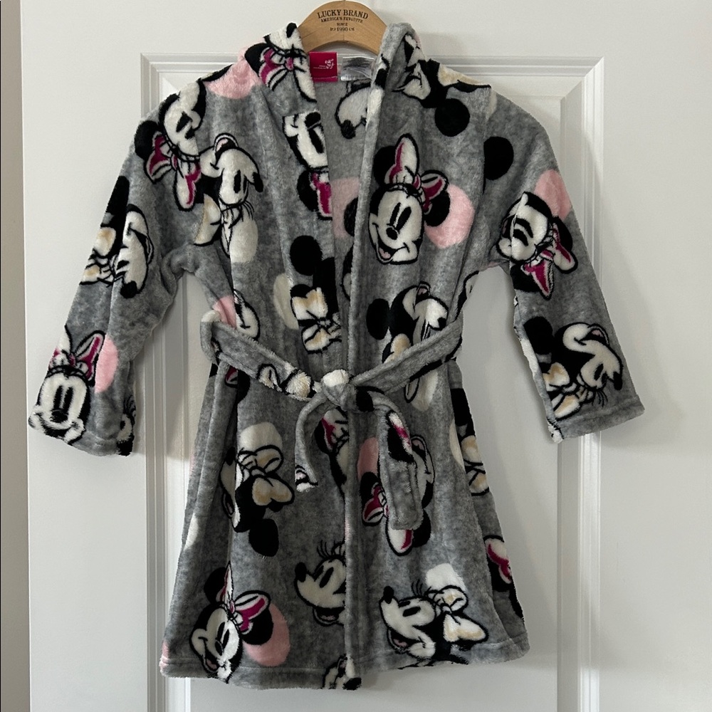 Disney Junior Minnie Mouse Plush Hooded Bathrobe Sz Small (6) w MEASUREMENTS